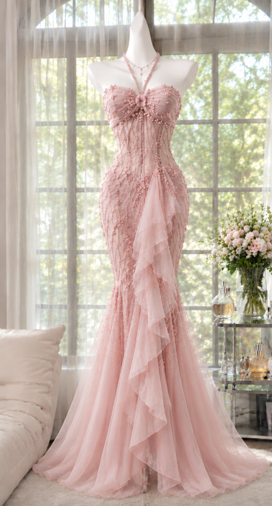 Gorgeous Pink Prom Dress  Mermaid Beaded Chiffon Long Evening Dress  ED12003
