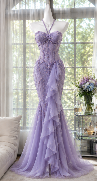 Vintage Purple Prom Dress Mermaid Beaded Chiffon Long Evening Dress ED12004