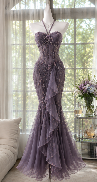 Vintage Dusty Purple Prom Dress  Mermaid Beaded Chiffon Long Evening Dress ED12006