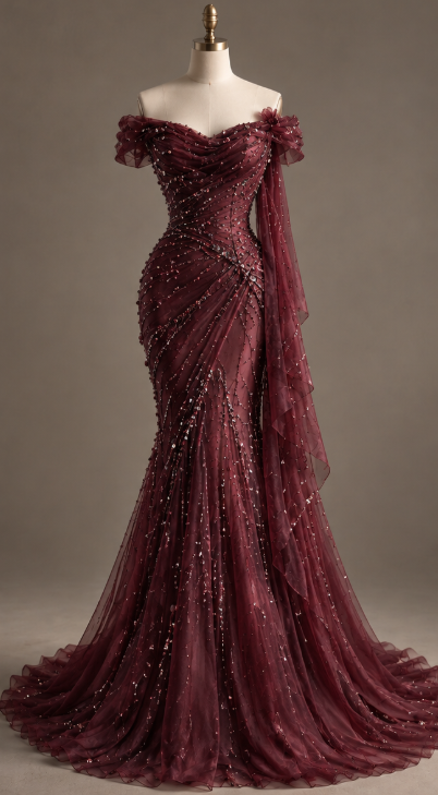 Vintage Burgundy Prom Dress  Mermaid Beaded Chiffon Long Evening Dress ED12008