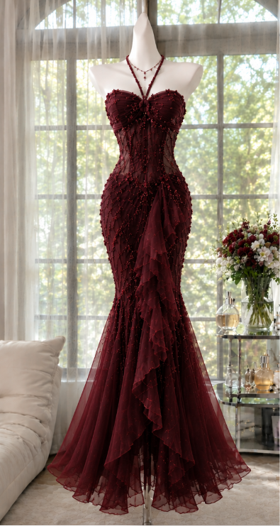Vintage Burgundy Prom Dress  Mermaid Beaded Chiffon Long Evening Dress ED12009