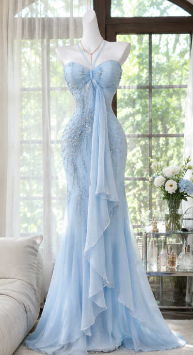 Vintage Blue Prom Dress  Sheath Beaded Chiffon Long Evening Dress ED12010