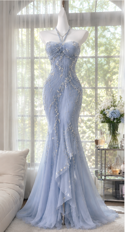 Vintage Blue Prom Dress  Sheath Beaded Chiffon Long Evening Dress ED12011