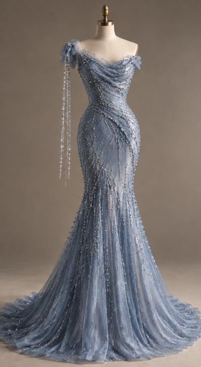 Vintage Dusty Blue Prom Dress Mermaid Beaded Chiffon Long Evening Dress ED12012