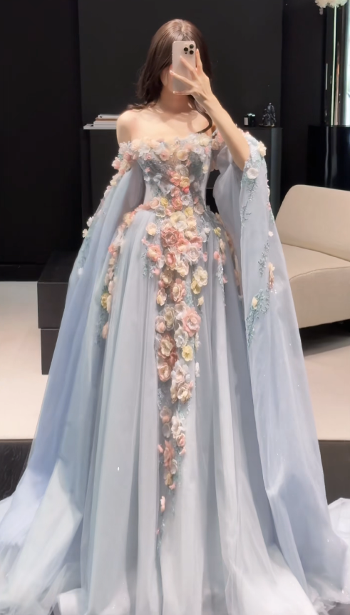 Fairy Blue Prom Dress A-Line Tulle Appliques Long Evening Dress ED12013