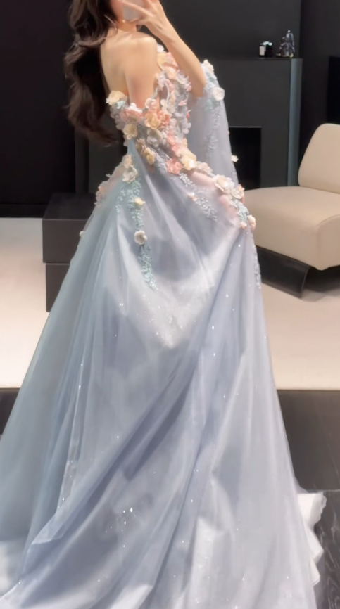 Fairy Blue Prom Dress A-Line Tulle Appliques Long Evening Dress ED12013