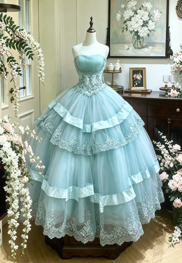 Fairy Tiffany Blue Prom Dress A-Line Tulle Long Evening Dress ED12014
