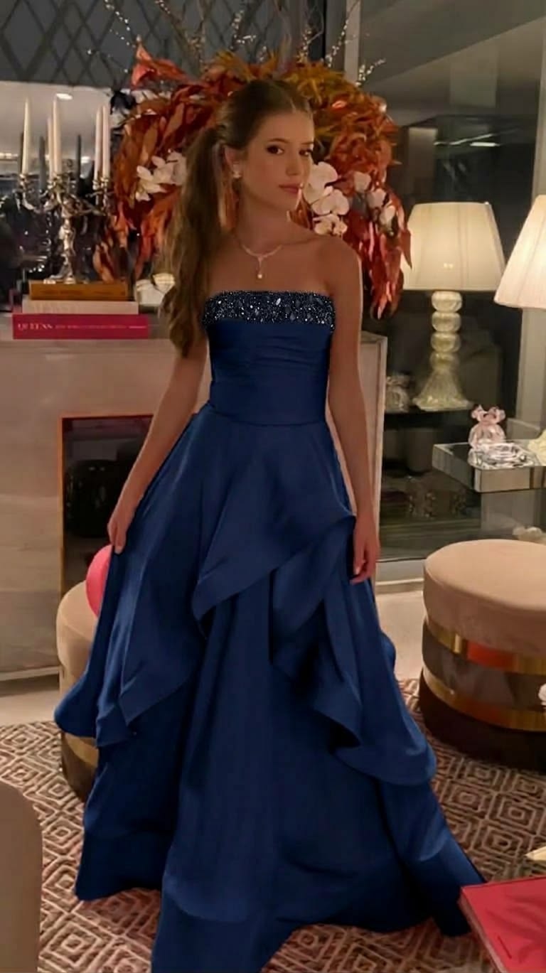 Robe de bal Fairy bleu marine, robe de soirée longue en satin coupe trapèze ED12015
