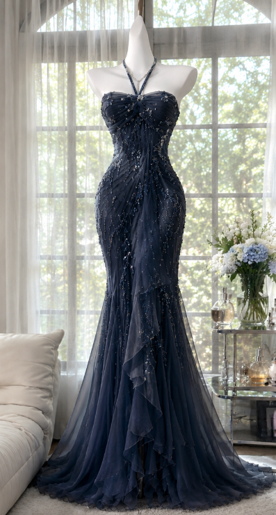 Fairy Navy Blue Prom Dress Sheath Chiffon Beaded Long Evening Dress ED12016