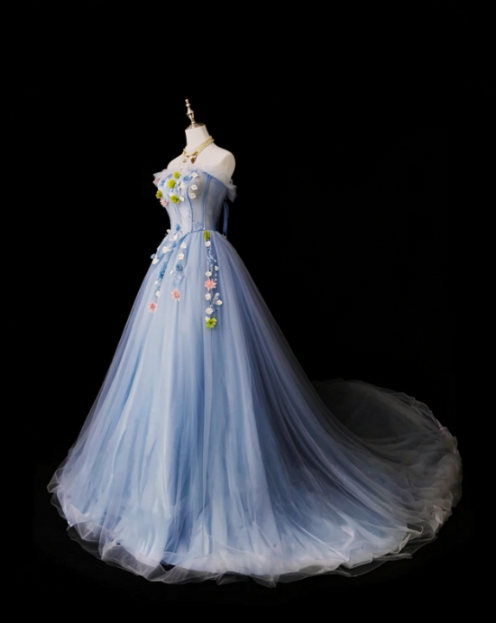 Fairy Blue Prom Dress A-Line Tulle Sweet 16 Dress Long Evening Dress ED12017