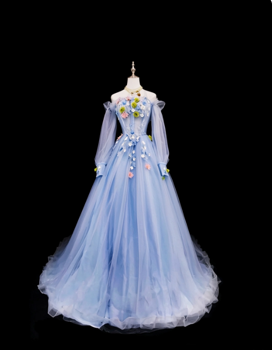 Fairy Blue Prom Dress A-Line Tulle Sweet 16 Dress Long Evening Dress ED12017
