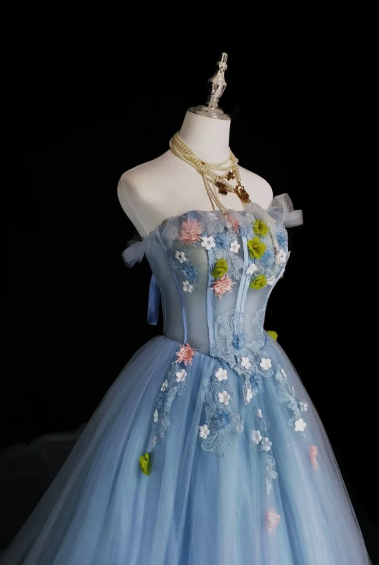Fairy Blue Prom Dress A-Line Tulle Sweet 16 Dress Long Evening Dress ED12017