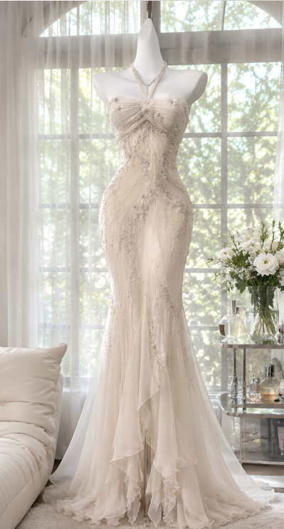 Fairy Ivory Prom Dress Sheath Beaded Chiffon Long Evening Dress ED12018