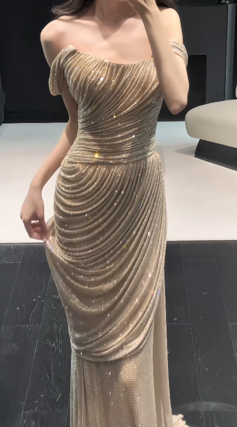 Chic Gold Prom Dress Sheath Chiffon Long Evening Dress ED12020