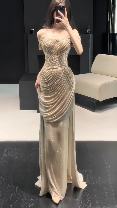 Chic Gold Prom Dress Sheath Chiffon Long Evening Dress ED12020