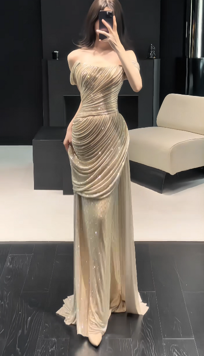 Chic Gold Prom Dress Sheath Chiffon Long Evening Dress ED12020