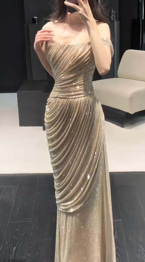 Chic Gold Prom Dress Sheath Chiffon Long Evening Dress ED12020