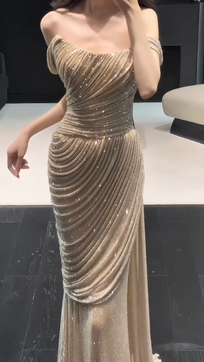Chic Gold Prom Dress Sheath Chiffon Long Evening Dress ED12020