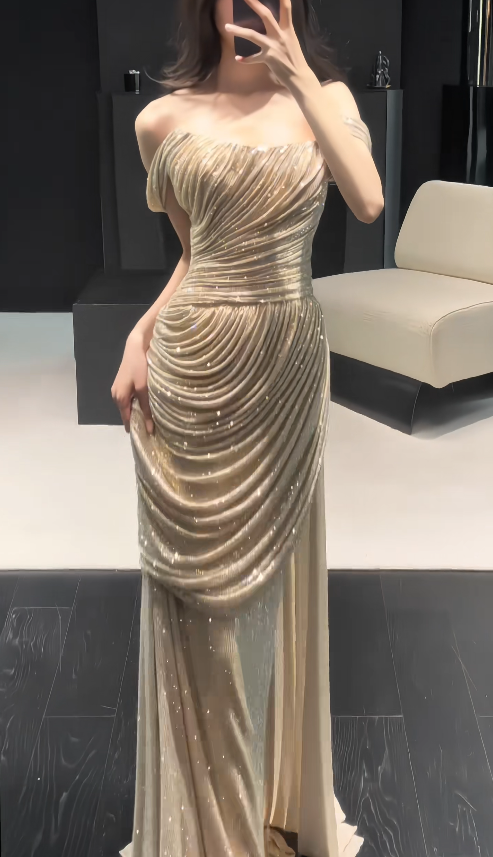 Chic Gold Prom Dress Sheath Chiffon Long Evening Dress ED12020