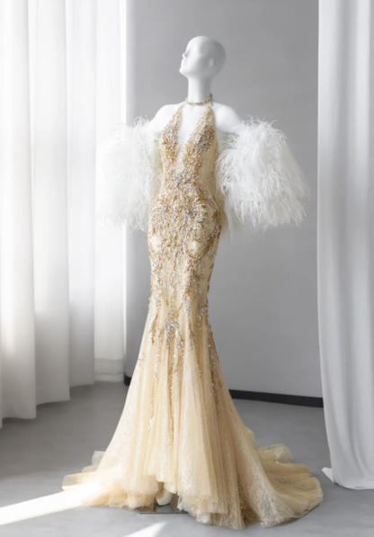 Chic Yellow Prom Dress Mermaid Tulle Beaded Long Evening Dress ED12024
