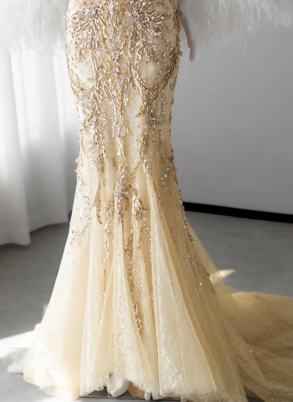 Chic Yellow Prom Dress Mermaid Tulle Beaded Long Evening Dress ED12024
