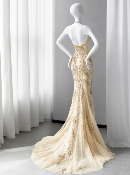 Chic Yellow Prom Dress Mermaid Tulle Beaded Long Evening Dress ED12024