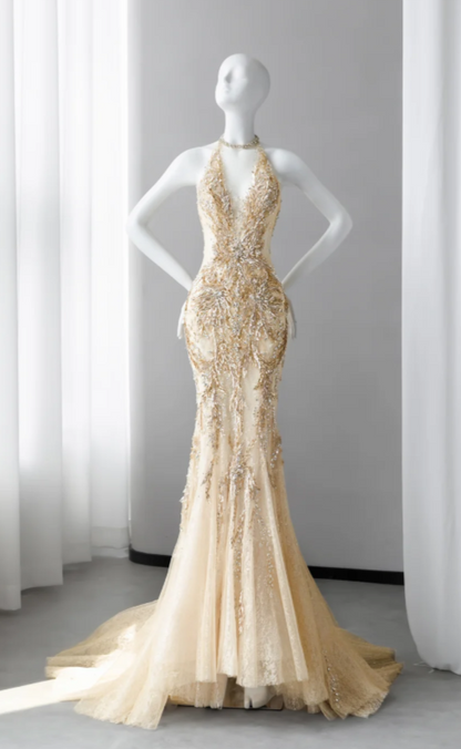 Chic Yellow Prom Dress Mermaid Tulle Beaded Long Evening Dress ED12024