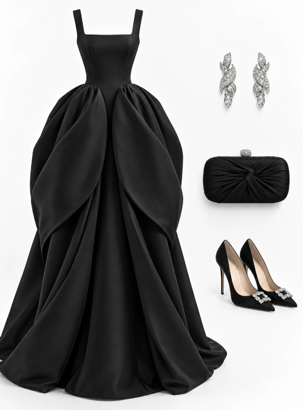 Chic Black Prom Dress A-line Satin Long Evening Dress ED12025
