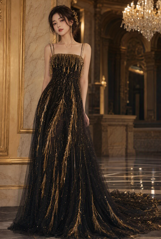 Robe de bal noire chic, robe de soirée longue fourreau en tulle à perles ED12026