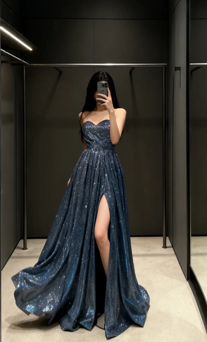 Chic Navy Blue Prom Dress A-line Sequins Long Evening Dress ED12028