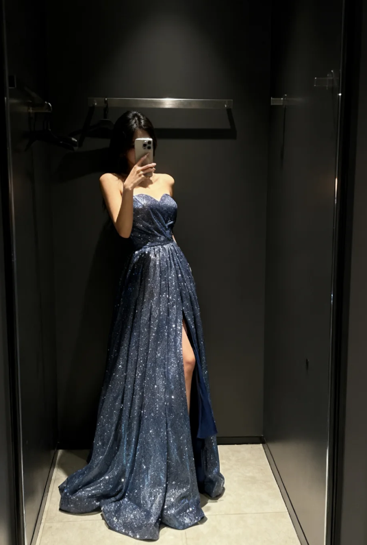 Chic Navy Blue Prom Dress A-line Sequins Long Evening Dress ED12028