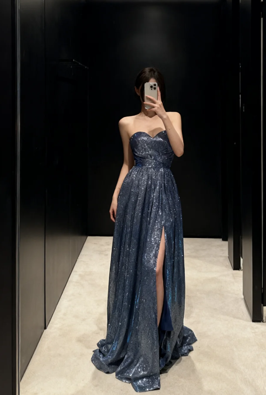 Chic Navy Blue Prom Dress A-line Sequins Long Evening Dress ED12028