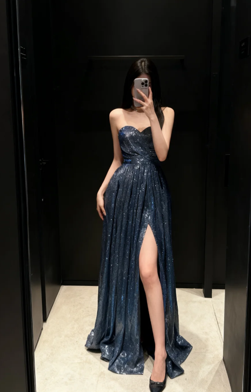 Chic Navy Blue Prom Dress A-line Sequins Long Evening Dress ED12028