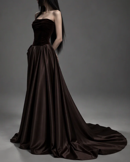 Chic Brown Prom Dress A-line Velvet Long Evening Dress ED12029