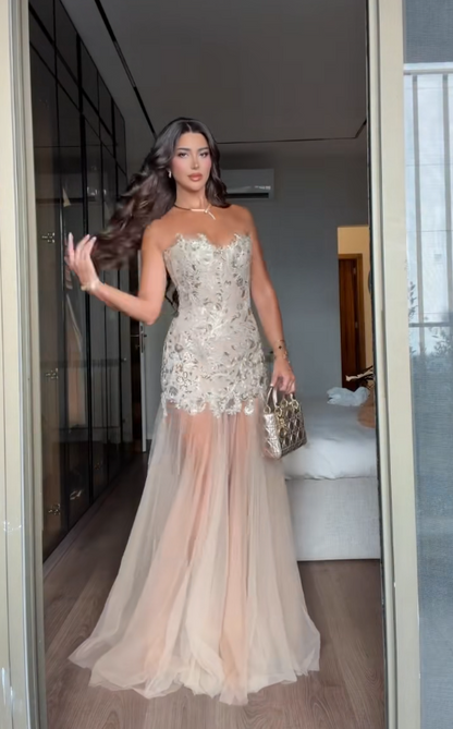 Chic White Prom Dress Sheath Tulle Long Evening Dress ED12030
