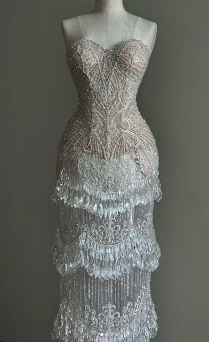 Chic White Prom Dress Sheath Tassle Long Evening Dress ED12031