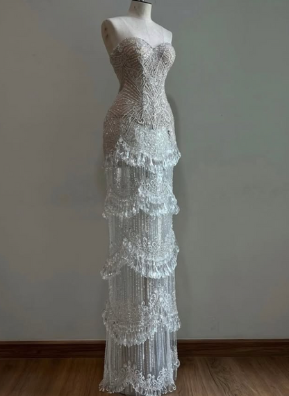 Chic White Prom Dress Sheath Tassle Long Evening Dress ED12031