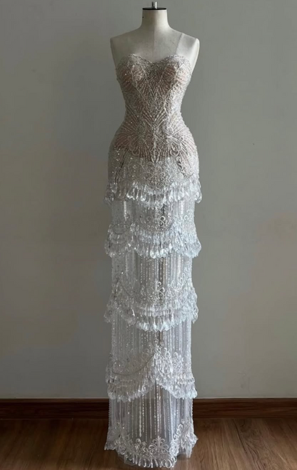 Chic White Prom Dress Sheath Tassle Long Evening Dress ED12031