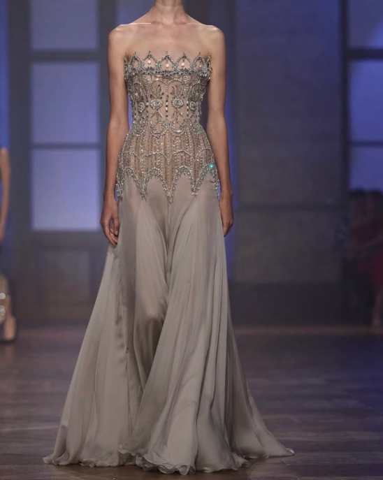 Chic Greige Prom Dress A-Line Chiffon Beaded Long Evening Dress ED12032