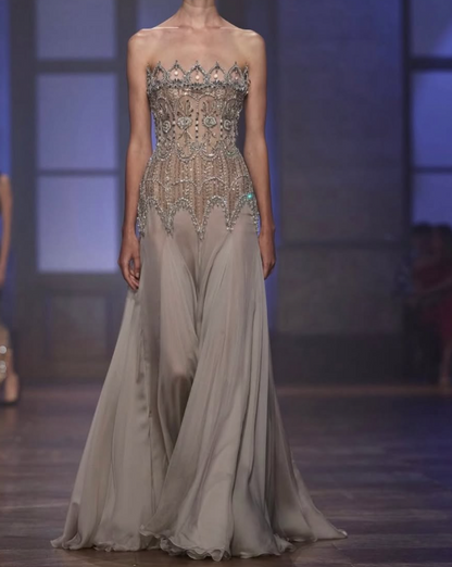 Chic Greige Prom Dress A-Line Chiffon Beaded Long Evening Dress ED12032