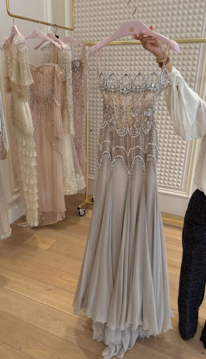 Chic Greige Prom Dress A-Line Chiffon Beaded Long Evening Dress ED12032