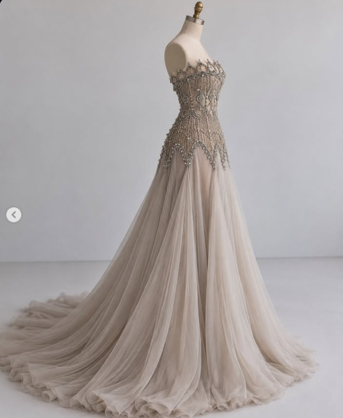 Chic Greige Prom Dress A-Line Chiffon Beaded Long Evening Dress ED12032