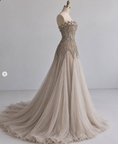 Chic Greige Prom Dress A-Line Chiffon Beaded Long Evening Dress ED12032