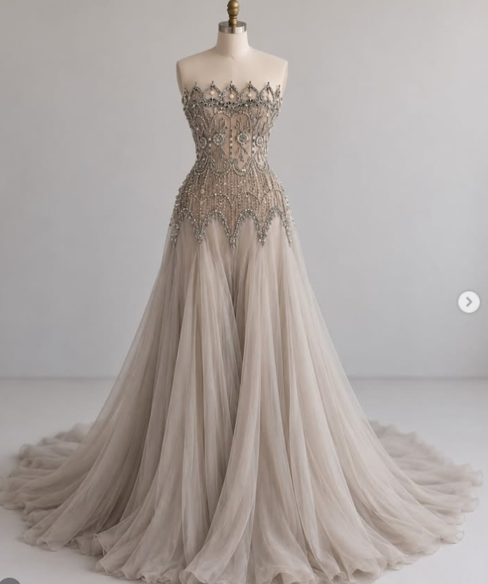 Chic Greige Prom Dress A-Line Chiffon Beaded Long Evening Dress ED12032
