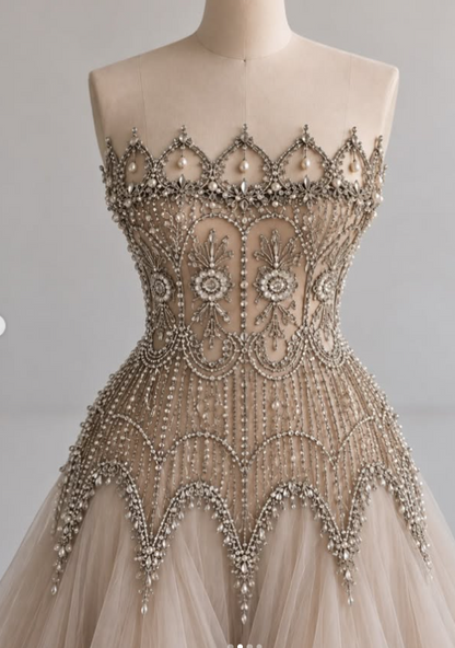 Chic Greige Prom Dress A-Line Chiffon Beaded Long Evening Dress ED12032