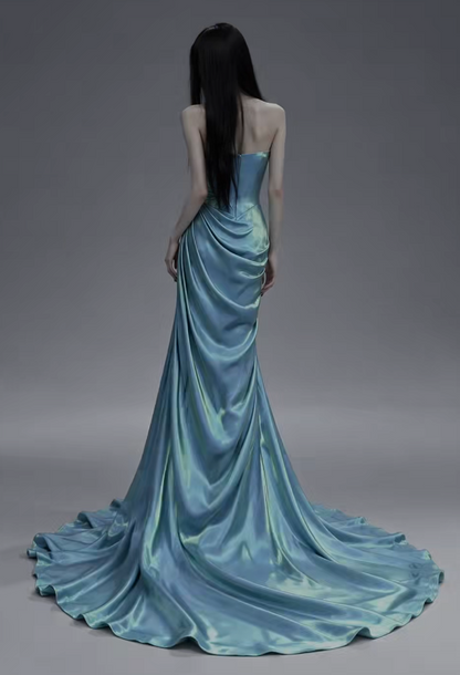 Elegant Blue Prom Dress Sheath Satin Long Evening Dress ED12034