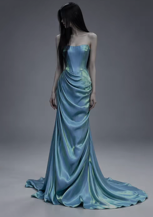 Elegant Blue Prom Dress Sheath Satin Long Evening Dress ED12034
