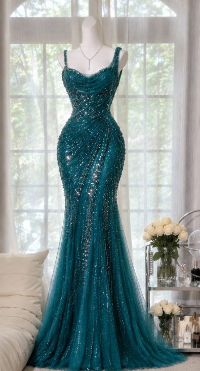 Elegant Teal Prom Dress Sheath Chiffon Beaded Long Evening Dress ED12036