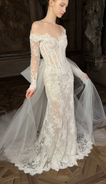 Elegant Sheath Lace Wedding Dress White Bridal Gown ED12040