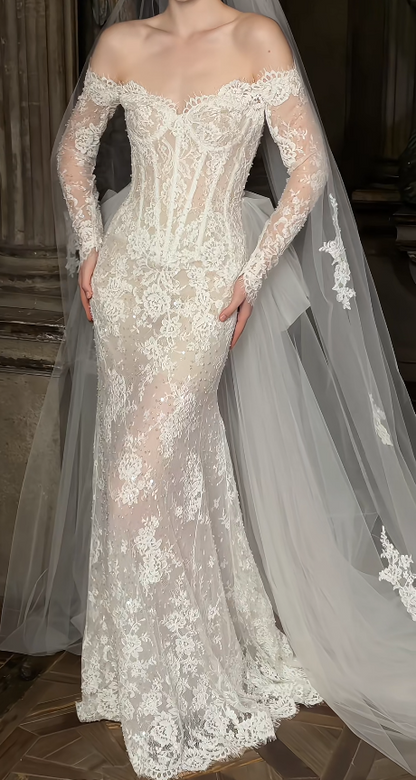 Elegant Sheath Lace Wedding Dress White Bridal Gown ED12040